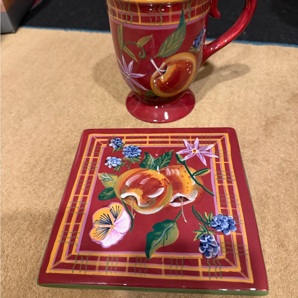 Red Floral and Pear Mug and Coaster Set